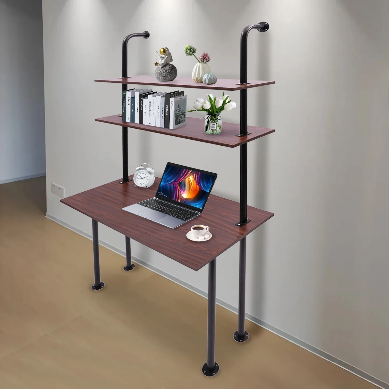 

2-Shelf Laptop Desk with Shelves Wall Mount Desk with Power Strip Modern Computer Writing Table for Work Platform Ladder Desk