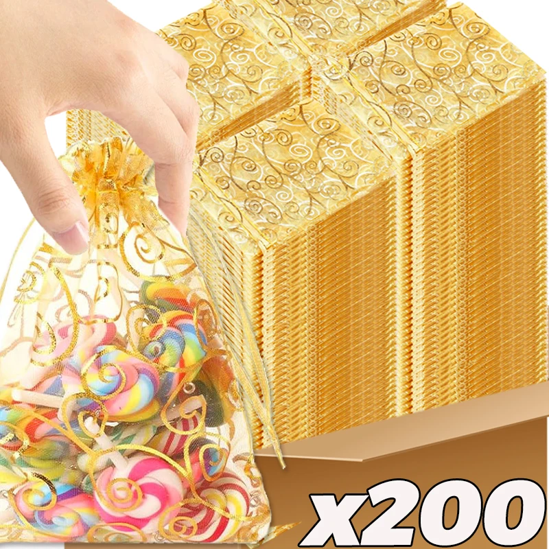 

10/200 шт. сумки из органзы на шнурке, позолоченные подарочные пакеты, упаковочные пакеты для ювелирных изделий, конфет, сумки для рождественской вечеринки, дня рождения, сувениры