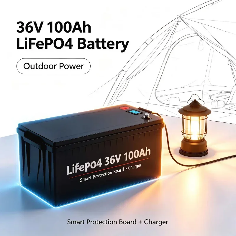 36V LiFePO4 100Ah Lithium Battery Pack With BMS and 43.8V 10A Charger For Boat Trolling Motor Off-Grid Solar Energy Storage