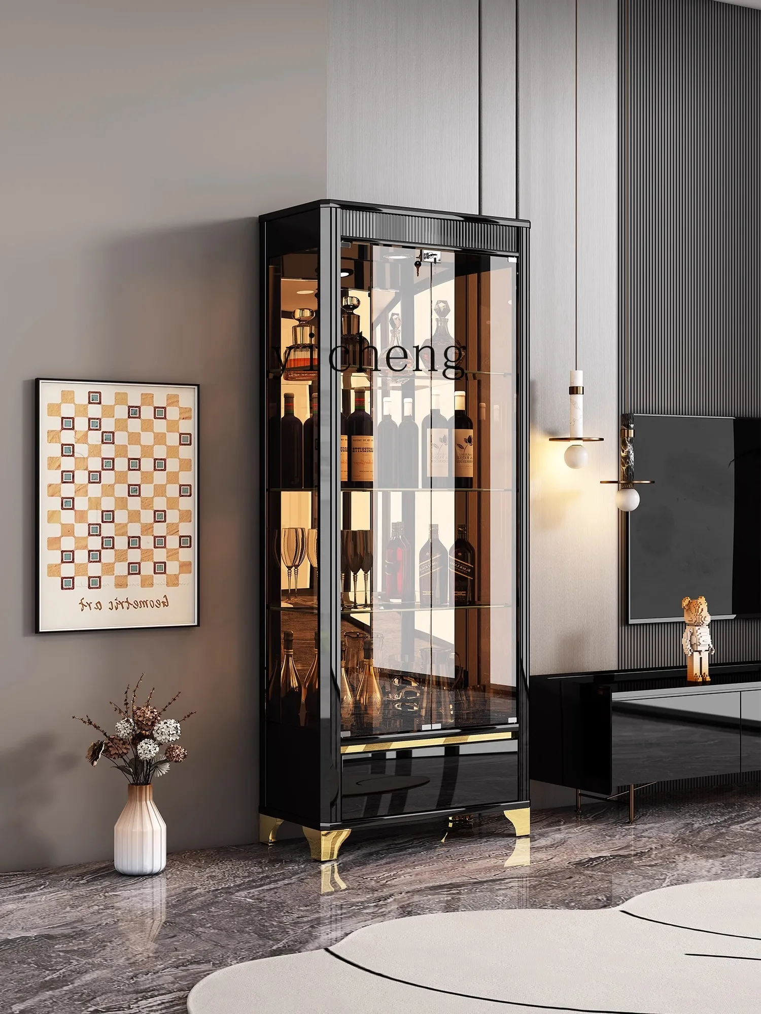 

TWR Glass Door Wine Cabinet Lacquered Wall-Mounted Display Cabinet Solid Wood Living Room Storage Side Cabinet