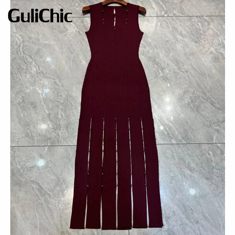 1.25 GuliChic Sexy Hollow Fringe Solid Color Long Dress 2024 Spring and Summer Women O-Neck Sleeveless Stretch Knit Long Dress