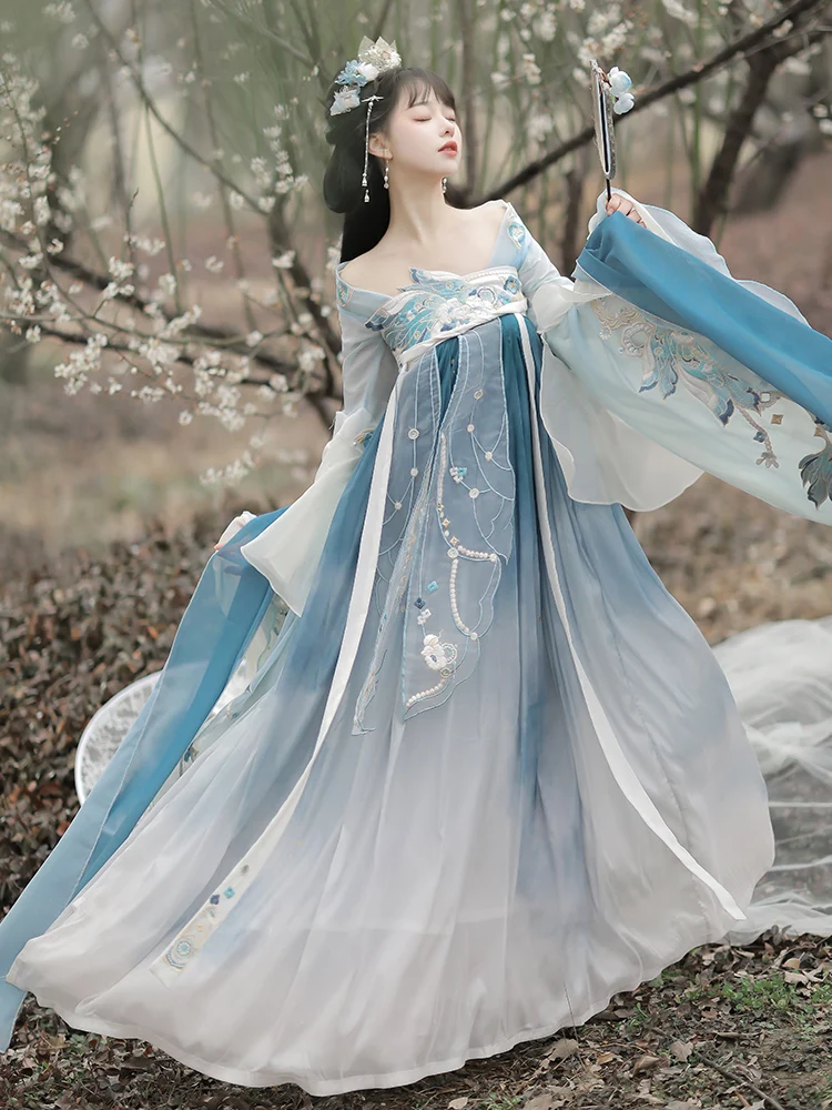 Women Chinese Traditional Blue Hanfu Costume New Style Lady Han Dynasty Dress Embroidery Wei Jin Dynasty Princess Folk Dance