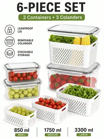 Rectangular Fridge Storage Container Set for Fresh Produce Organization for Vegetable Rinse And Store