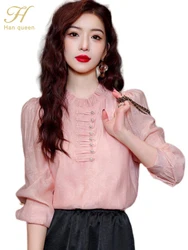 H Han Queen 2024 Spring Autumn Office Vintage Tops Chiffon Blouses Women Simple Long Sleeve Casual Shirts Youthful Woman Clothes