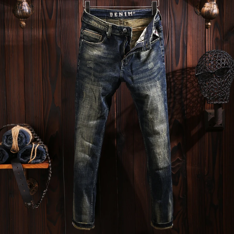 Fashion Designer Men Jeans High Quality Retro Blue Elastic Slim Ripped Jeans Men Trousers Embroidery Vintage Denim Pants Hombre