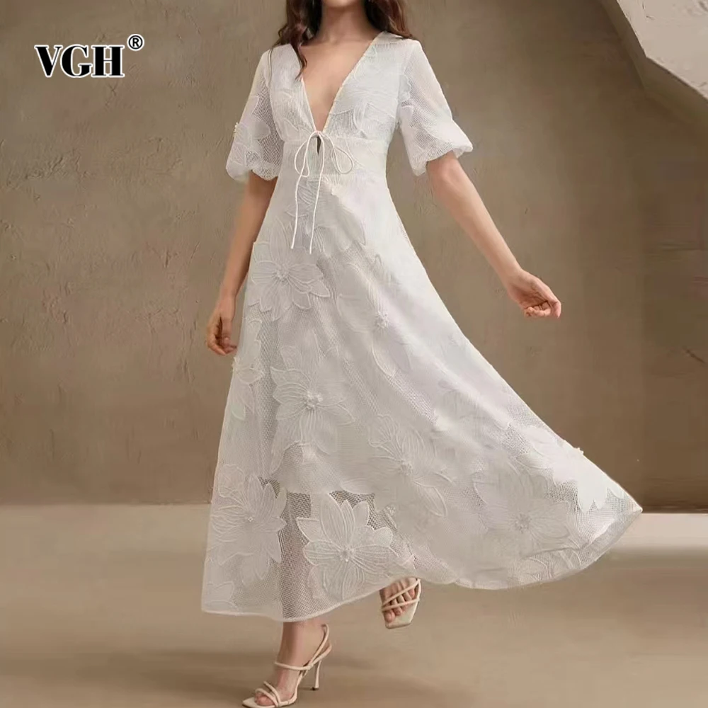 

VGH Sexy Spliced Appliques Slimming Dresses For Women Deep V Neck Short Sleeve High Waist Elegant Dress Female Fashion Style New