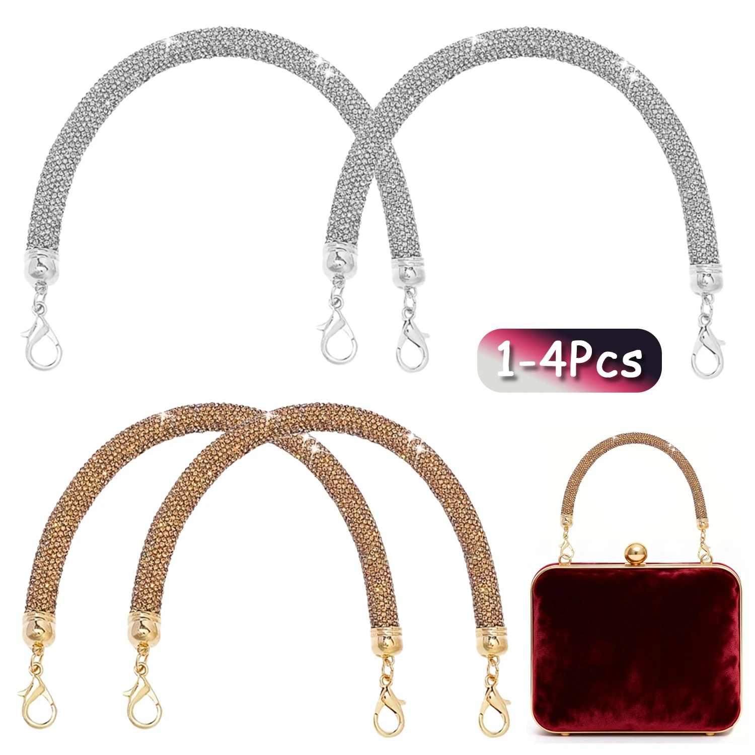 1-4Pcs Short Bag Straps 11.8inch Sparkly Rhinestone Bag Handle Replacement Chain Strap for DIY Handbag Bag Parts Accessories