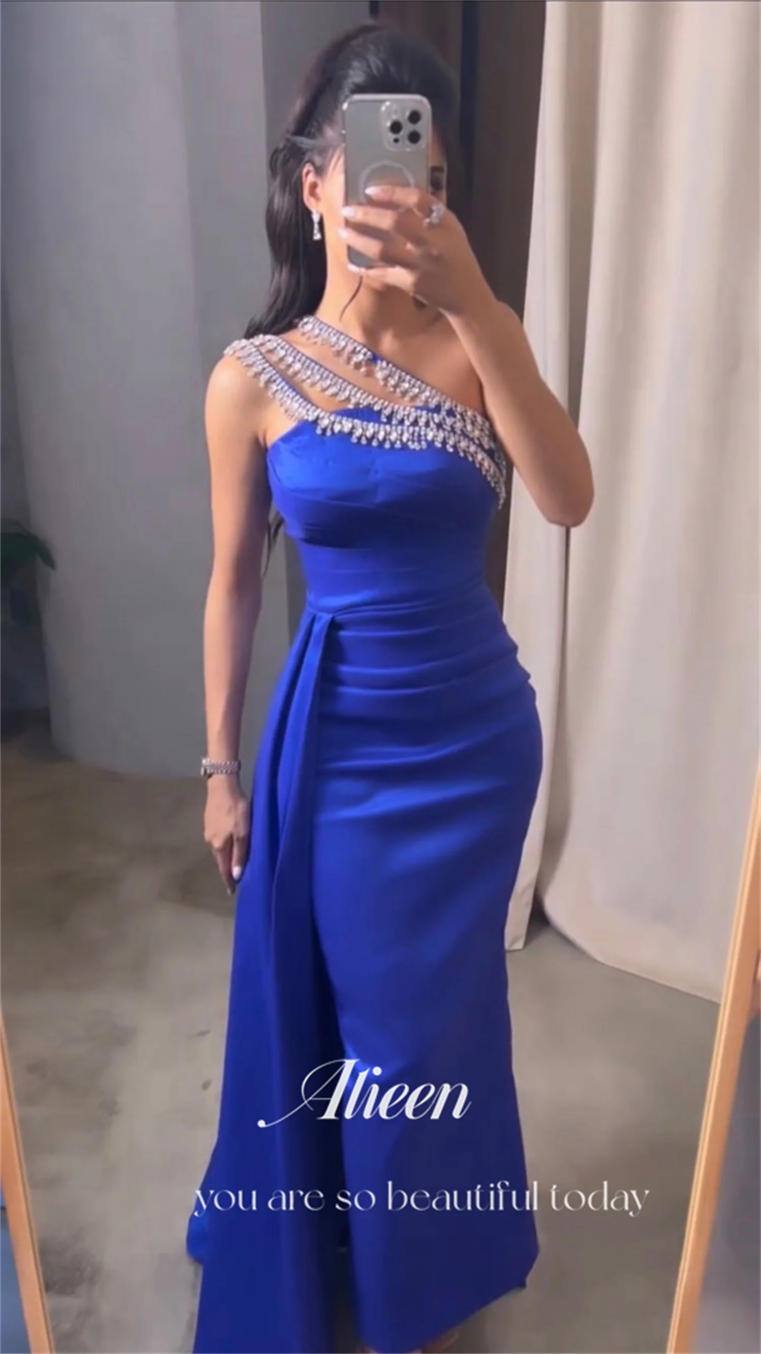 Blue Satin Diamond Jewelry Mermaid Wedding Party Dress Women Elegant Luxury Evening Dresses for Formal Occasions Customized