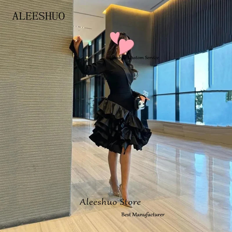 Aleeshuo Modern Black Mermaid Satin Prom Dress Simple Long Sleeves V-Neck Evening Dress Knee-Length Tiered Vestidos Customized