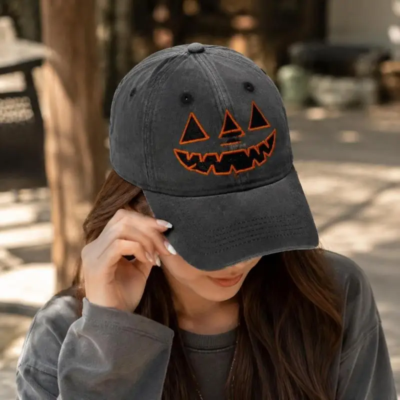Halloween Embroidered Baseball Cap Cotton-Rich Adjustable Hat with Front Pumpkin Detail for Fall Casual Outdoor Use Y166