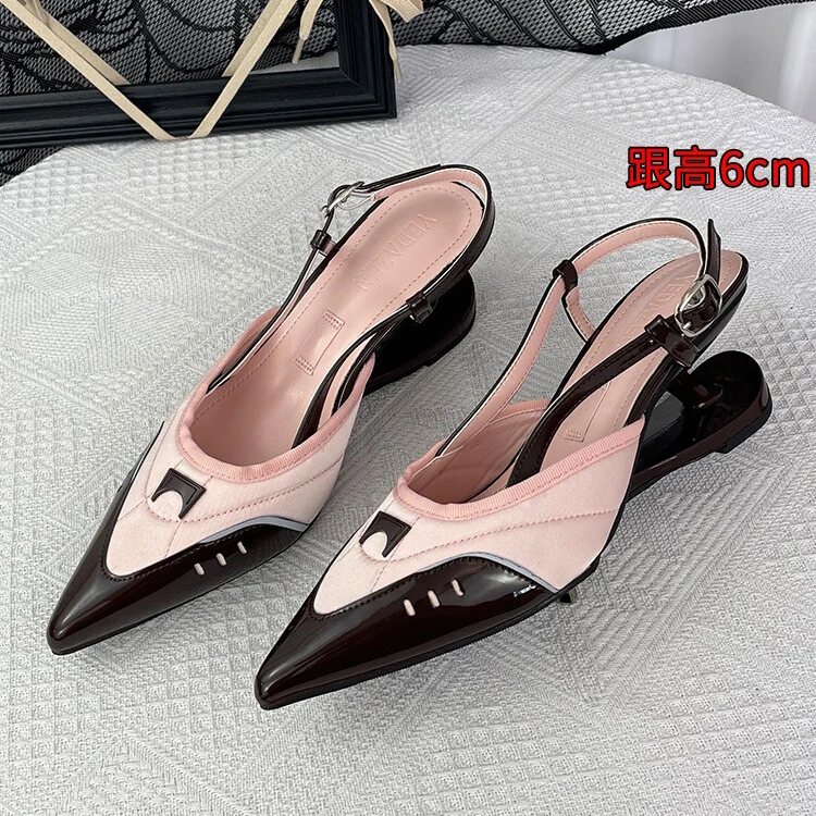 

Special Floating Heel Pointed Sandals Ballet-Style Back Strap Buckle Mary Jane Pumps Color-Blocked Women's Shoes Sandalias Mujer