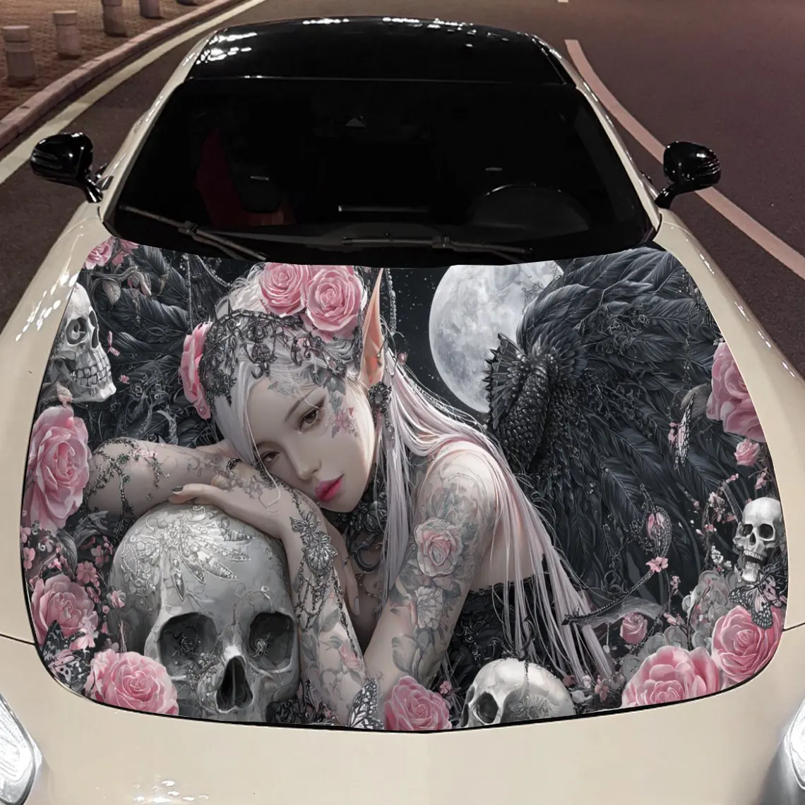 

Dark Floral Skull Angel Car Vinyl Wrap, PVC Material Waterproof Car Hood Sticker, Self-Adhesive Scratch-Resistant Stickers for E