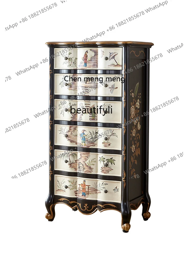 

American Style Chest of Drawers Solid Wood Living Room Wall French Retro Six-Drawer High Cabinet Painted Master Bedroom Locker