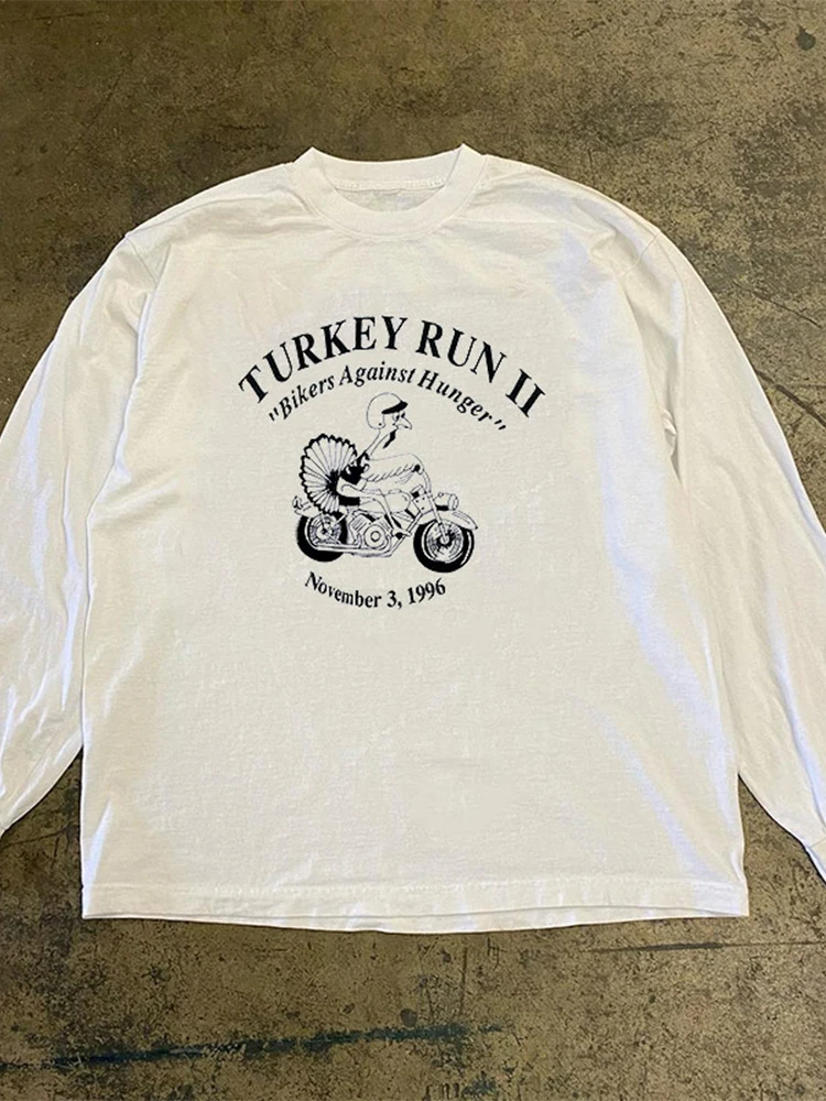 Vintage Graffiti Artistic Long Sleeve round Neck T-Shirt Cotton Unisex Streetwear American Style Turkey Run Simple Design