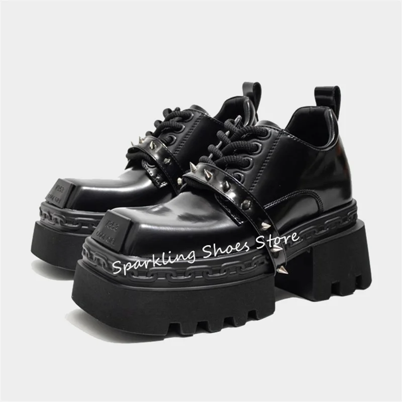 Punk Rivet Strap Chunky Bottom Women Leather Shoes Square Toe High Top Wedges Mary Janes Shoes Retro Desig Ladies Oxfords