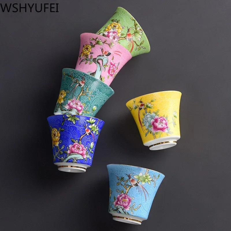 4 Pcs/set Jingdezhen Exquisite Ceramic Teacup Hand Painted Flowers and Birds Enamel Tea Set Travel Portable Tea Bowl Master Cup