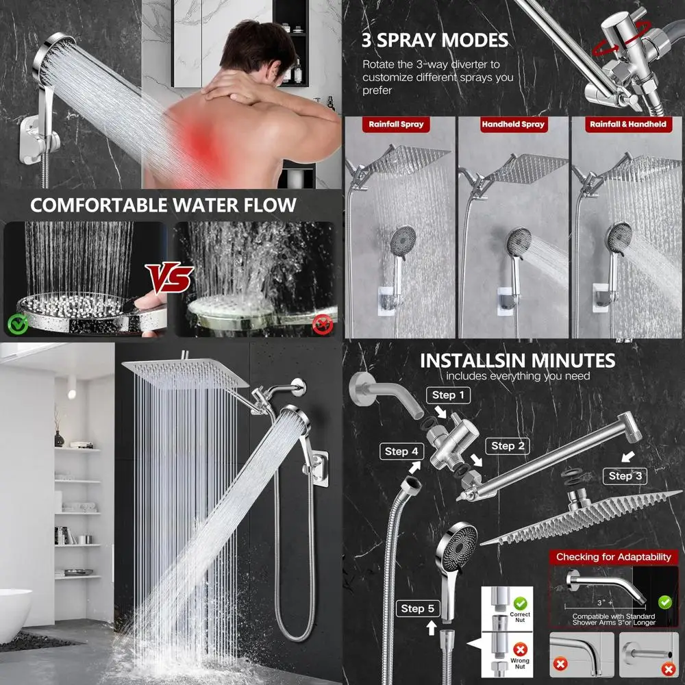 

12 High-Pressure Rainfall Shower System with Handheld Spray, All-Metal 3-Way Diversion, 6ft Hose, Anti-Clog Nozzles, Easy Instal