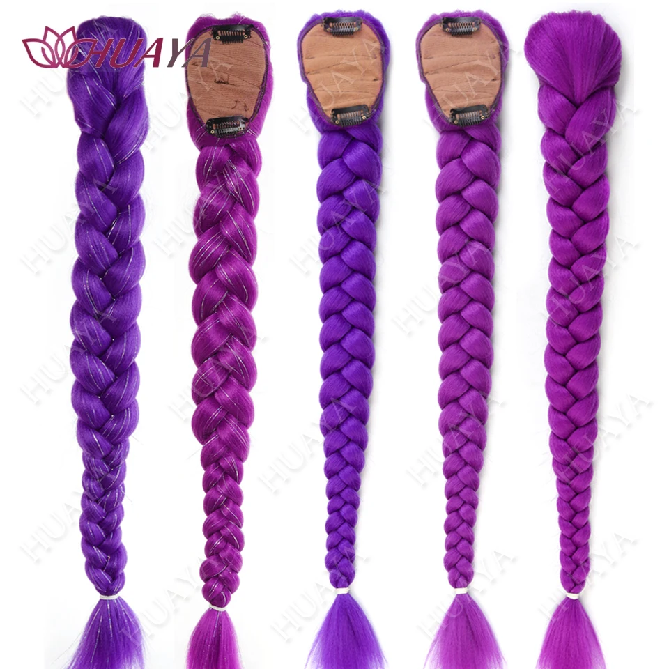 Synthetic Braided Purple Hair Ponytail Costume Hairstyle 26inch Long Ponytail with Clips for Kids Girls Halloween Christmas