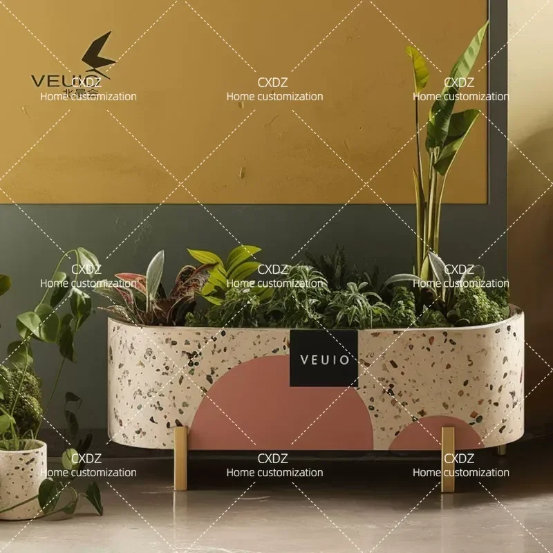 Wrought Iron Outdoor Flower Box Planter for Cafe Milk Tea Shop Greening Custom Terrazzo Planting Bed