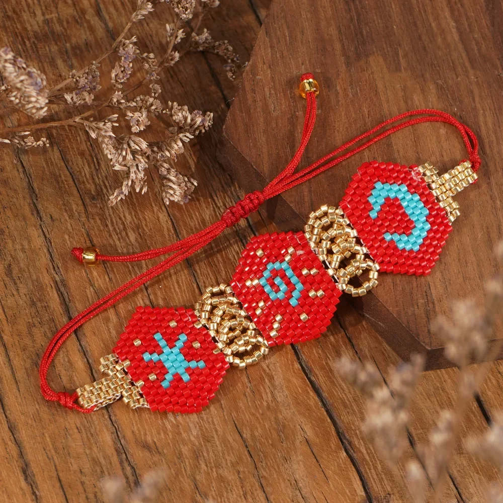 ZGMXR Rice bead bracelet Creativity Geometry Hand-woven Irregular Pattern Bohemia Adjustable Red Female Fashion Beaded bracelet