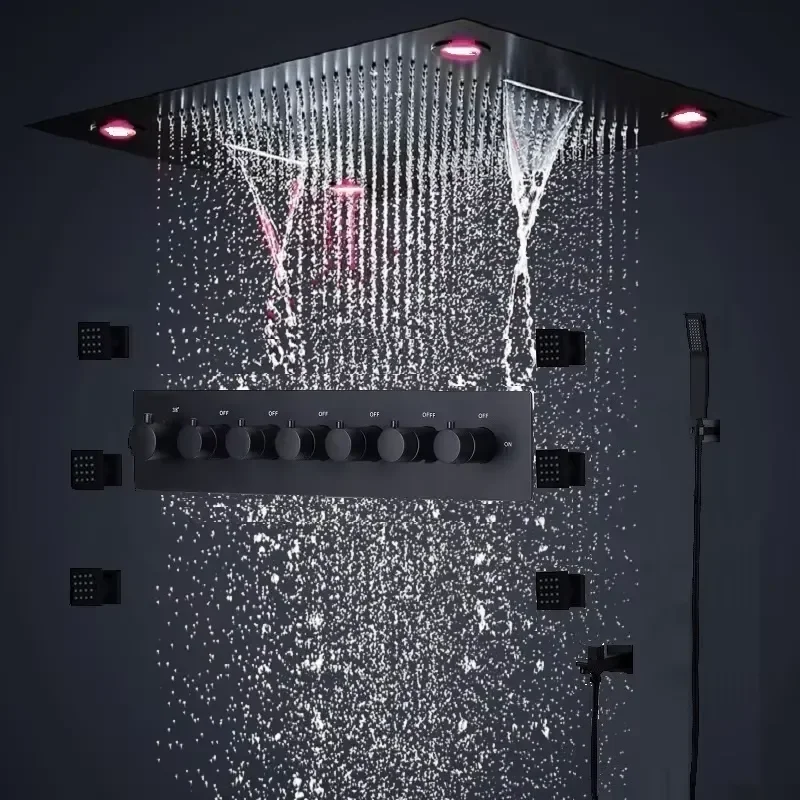 6 Functions High Pressure Bathroom Black Shower Faucets 600*600MM Waterfall LED Shower Panel Thermostatic Mixer Shower Head