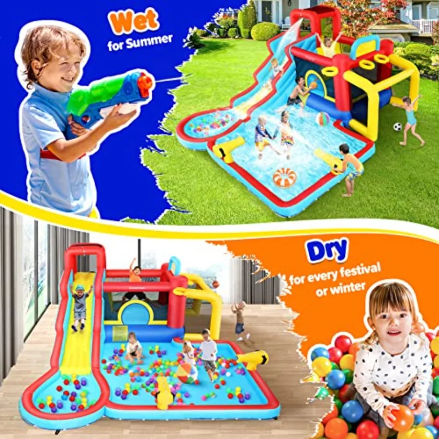 Backyard bounce house water slide for big kids 8-12 PVC vinyl blue/red includes pool jump area soccer goal and 550W blower