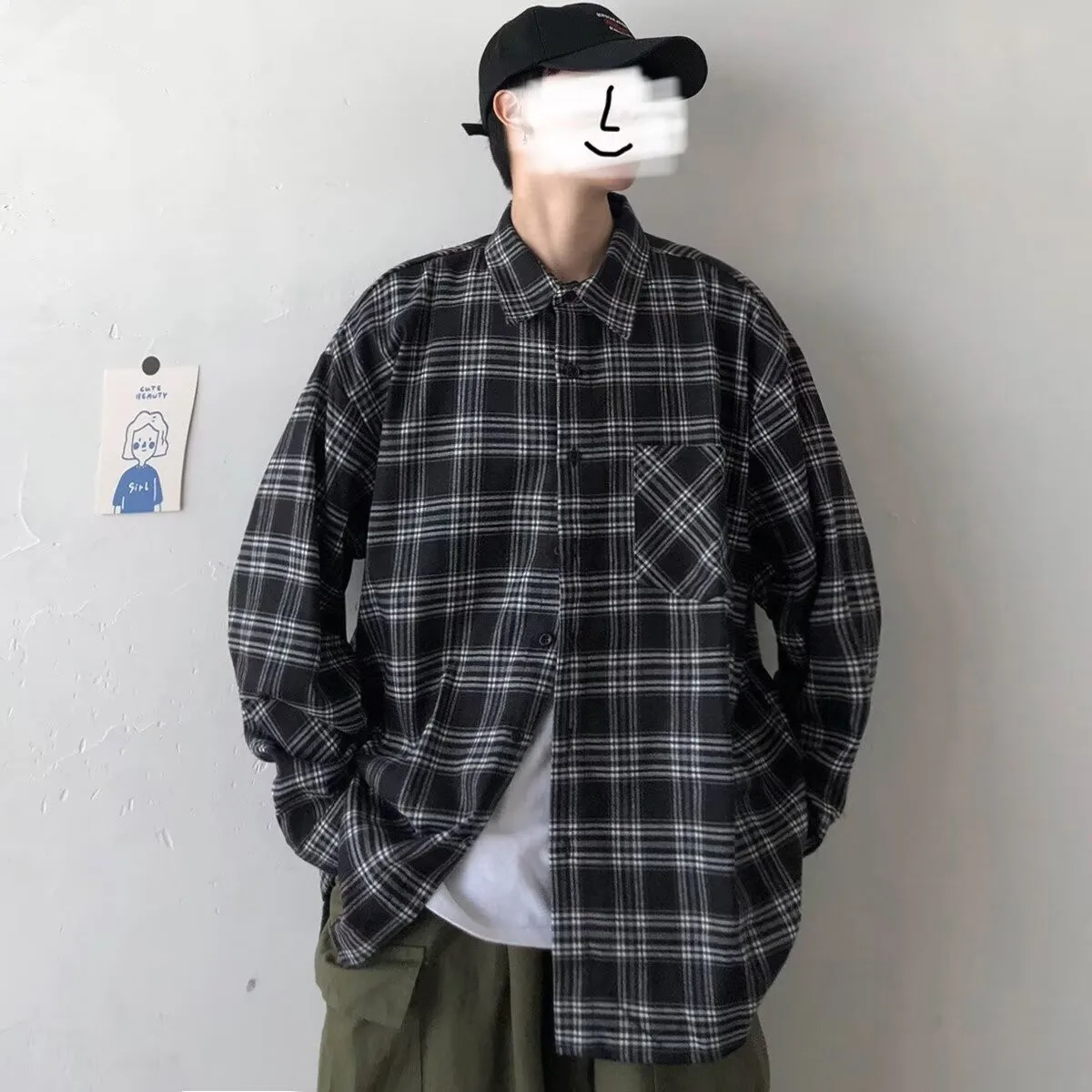 Plaid Long Sleeve Casual Shirt Men's Spring Autumn Vintage Style Youth Collar Open Cardigan Loose Fit Polyester Fiber
