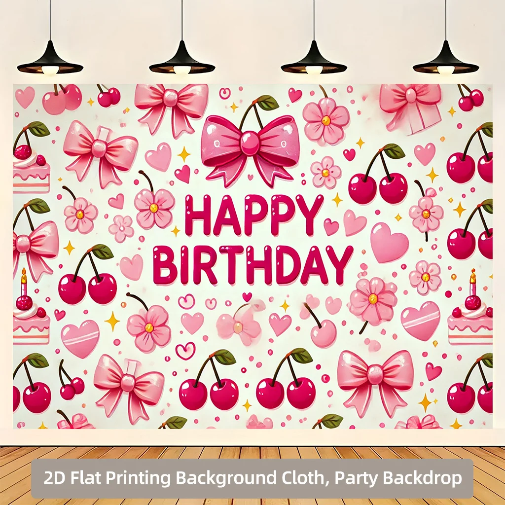 2D Background Cloth 1pc, Pink Bow and Cherry Element Background Cloth, Multifunctional Polyester Fabric Durable Background