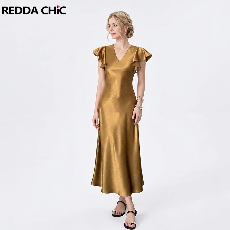 

REDDACHiC Playful Fly Sleeve Satin Dress Women Homecoming Gold Glossy V-neck Ruffle Slim Long One-piece Elegant Summer Clothes