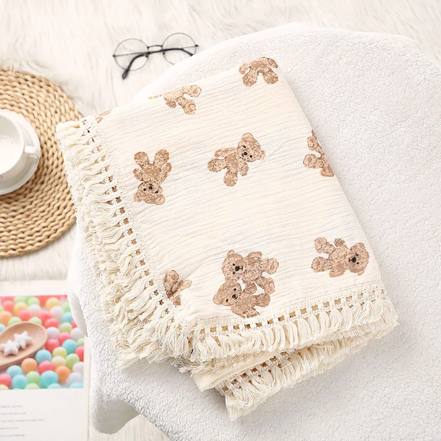 Manta de algodón con cuadrados de muselina de oso para bebé, manta envolvente a cuadros para recién nacido, accesorios para bebés, edredón de verano para cama