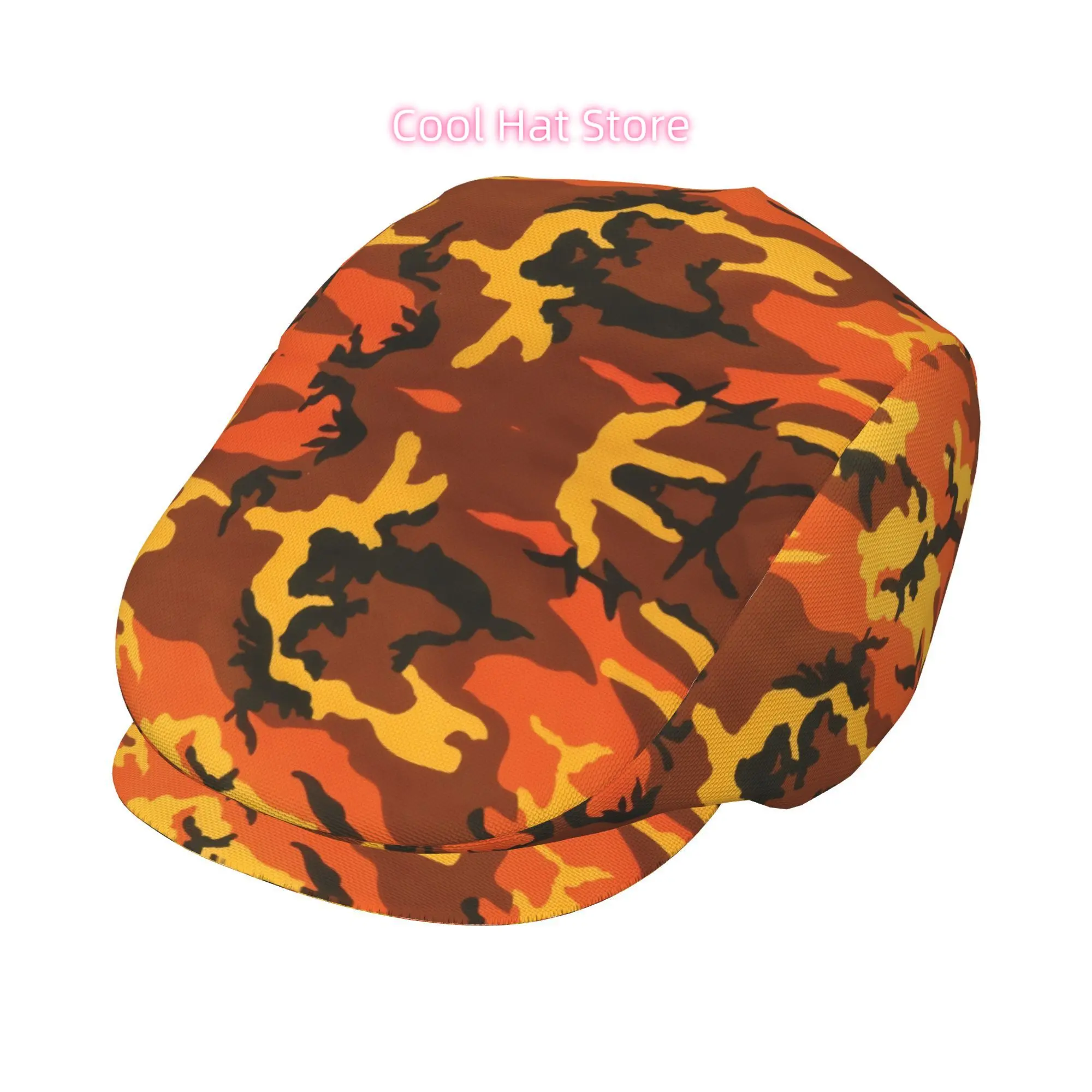 Men'S Beret Hat in Orange And Yellow Camouflage Design, Made Of, Adjustable Newsboy Style, Suitable for Driving. Also Available
