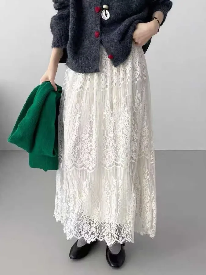 Cintura alta renda a linha midi saia feminina outono inverno dupla face usar me saia plissada francês sle solto ajuste casual