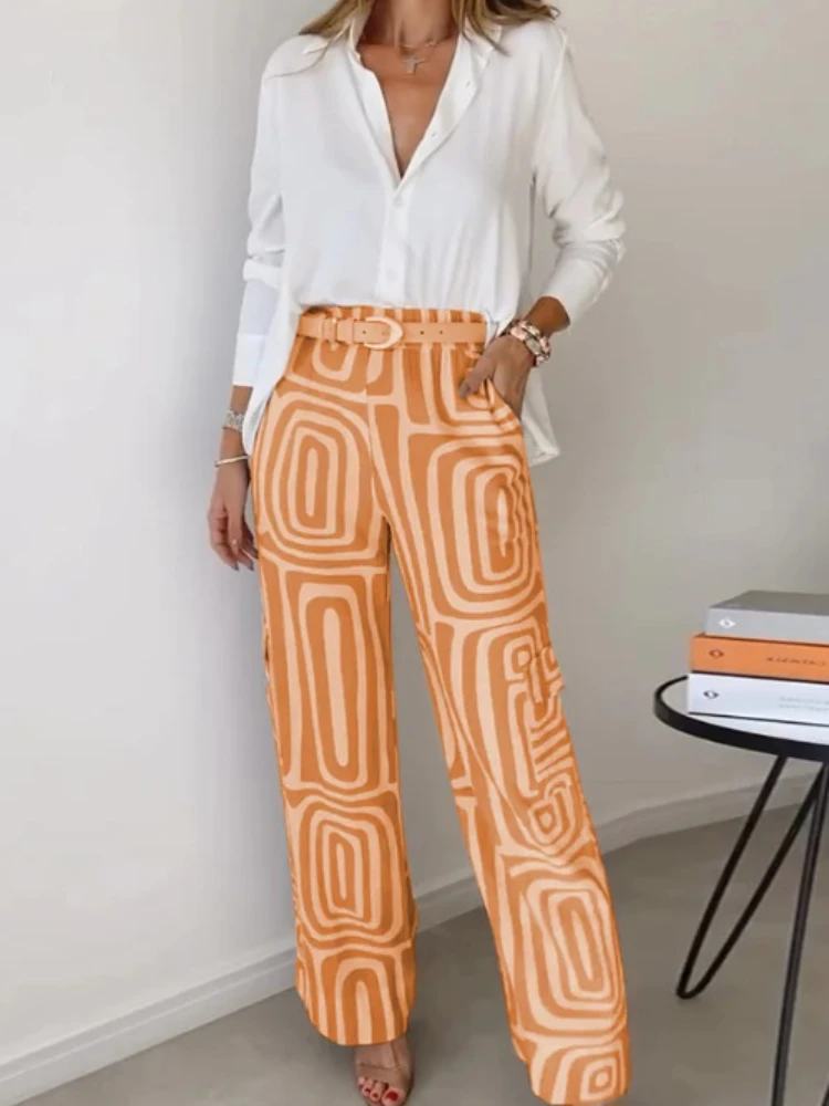 Fashion Vintage Vacation Suits Female Clothing Casual Suit Women Digital Print Fashion White Shirt Loose Trousers Two-piece Set