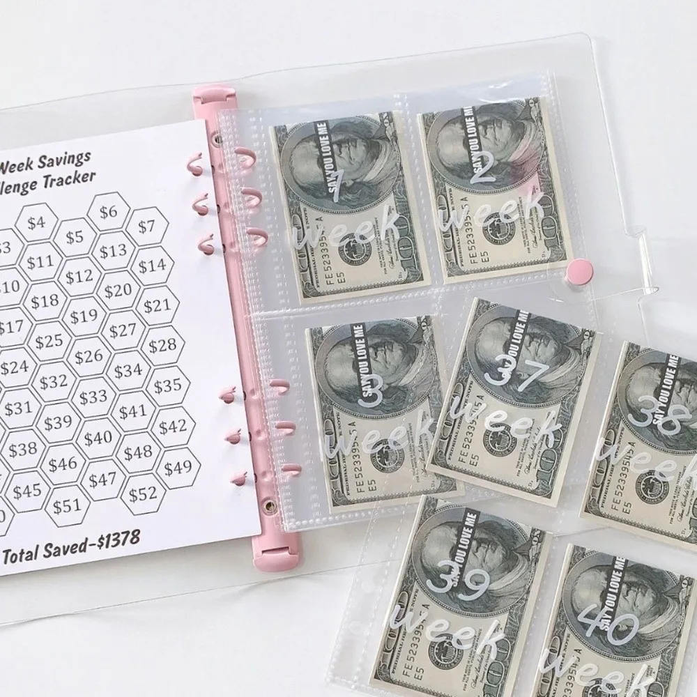 Ahorre dinero Desafío de ahorros de 52 semanas con carpeta de ahorros interior de PVC de 13 hojas, portátil de gran capacidad