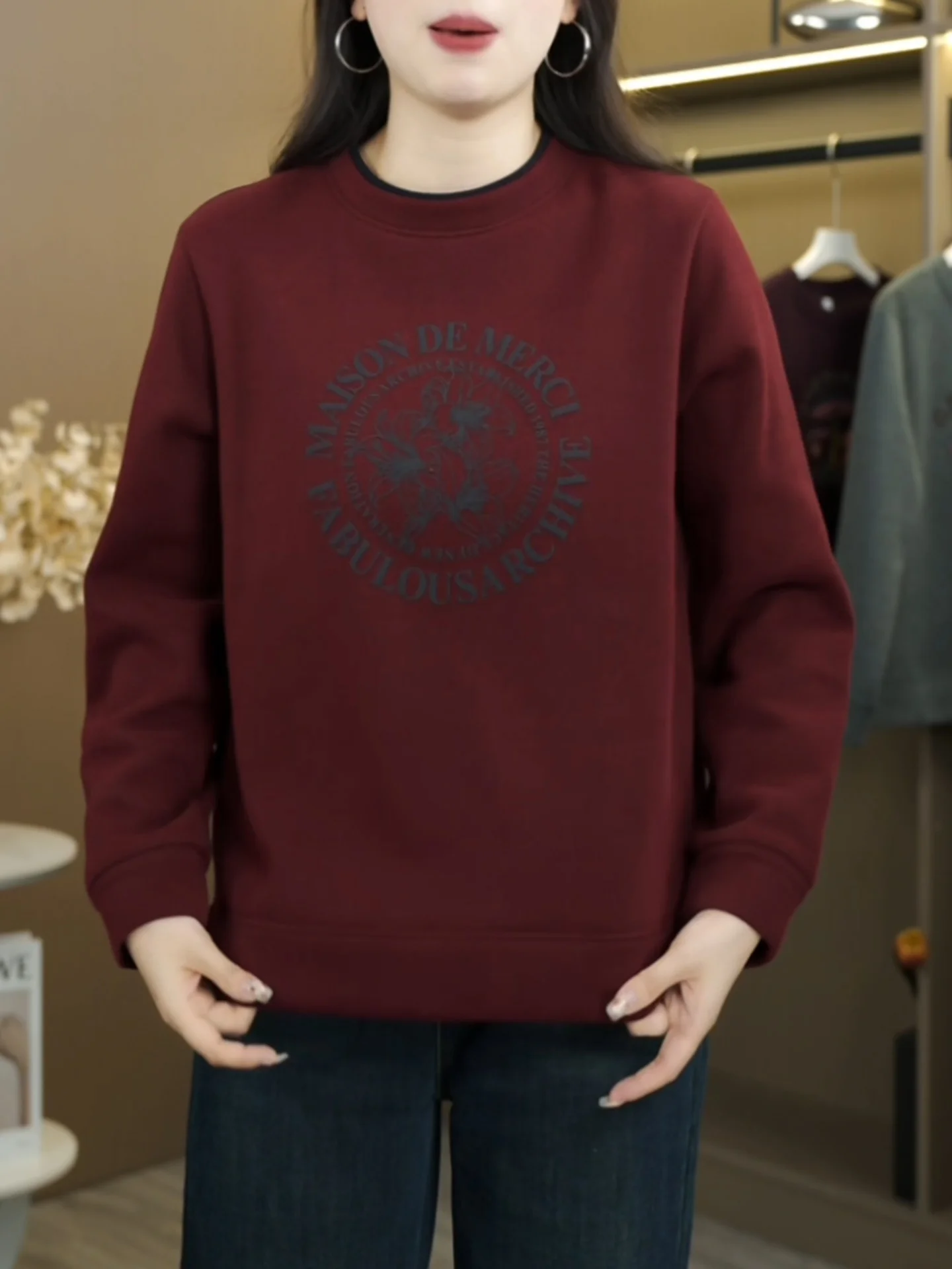 

Ретро-свитшот с круглым вырезом и длинными рукавами для женщин, свободный повседневный топ с буквенным принтом, теплый, осенне-зимний, больших размеров, новинка 2025 года