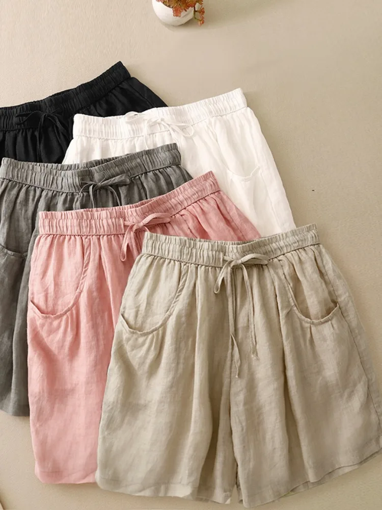 Calça casual de algodão e linho com pernas largas, saia ortod para mulheres, verão, fina, solta, plus size, cintura elástica, calças quentes de cinco quartos