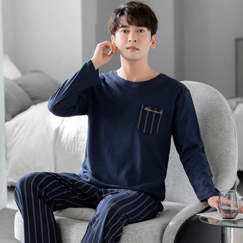 L-3XL men\'s long sleeved pajamas pure cotton round neck pullover men\'s pajamas for casual wear