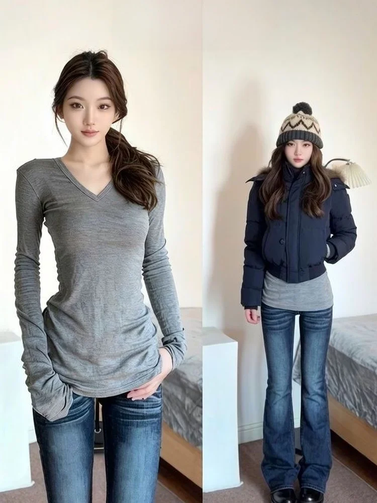 Gray Premium Fleece Long Sleeve T-Shirt Women's 2026 Autumn Winter New Style Slim Fit Versatile Base Layer mid Length Trendy Top