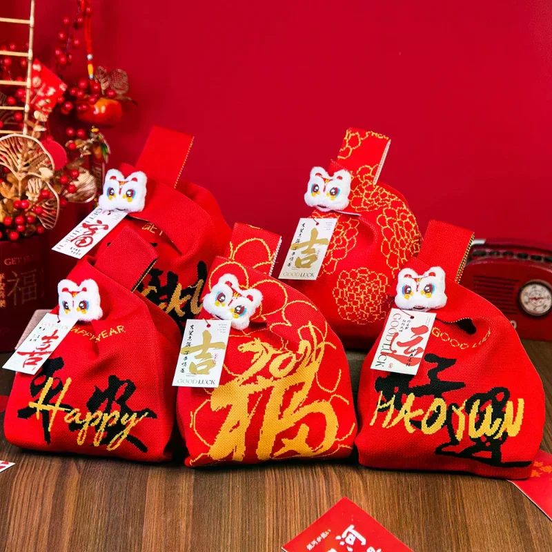 

Год лошади, красный узел, сумка на запястье, мультяшный талисман, пони, вязаная сумка для конфет, многоразовая сумка для покупок, подарочная упаковка, сумка