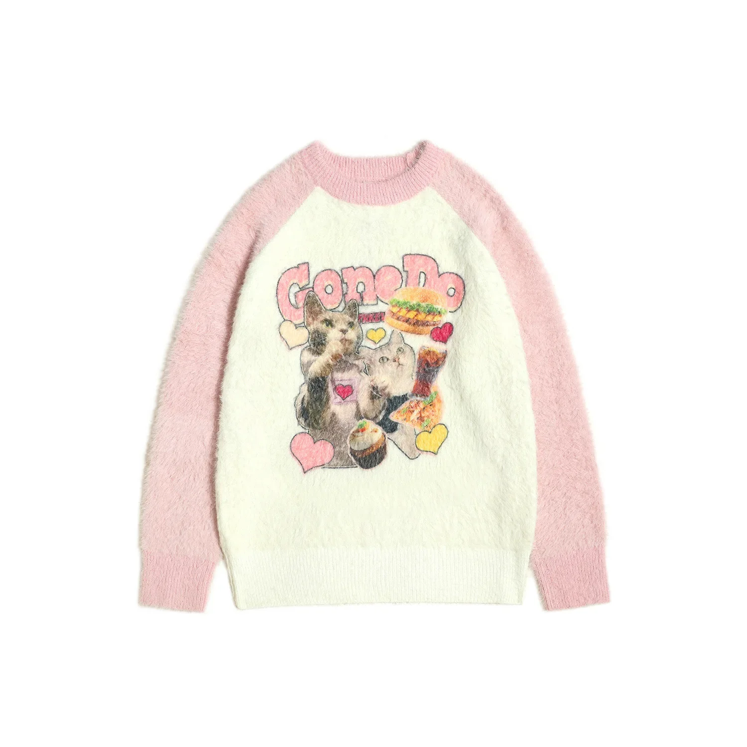 Cat Printed Sweater Mohair Raglan Sleeves Loose Knit Sweater Women Autumn and Winter Coat