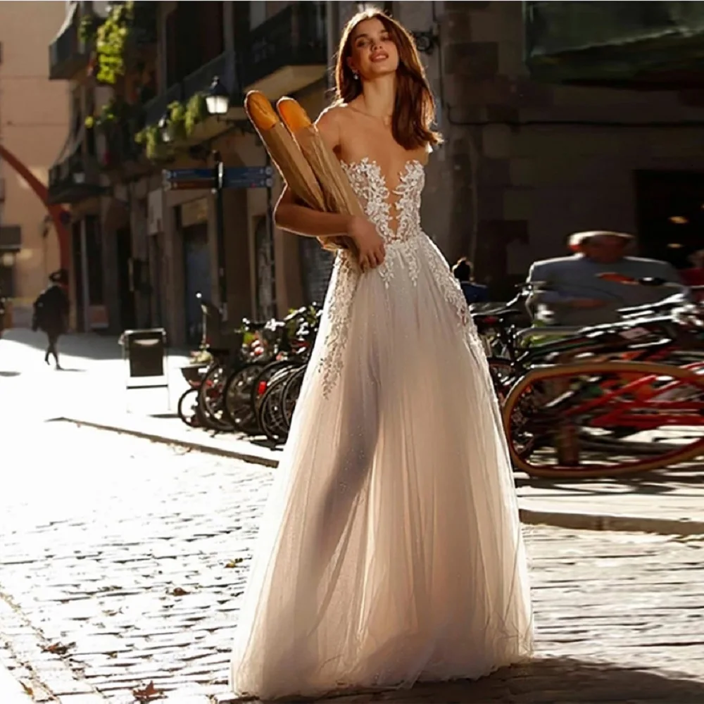 

Customized ZJ9410 Luxury Wedding Dresses for Bride Sleeveless V Neck A Line Bridal Gowns Lace Appliques with Lace Up Back
