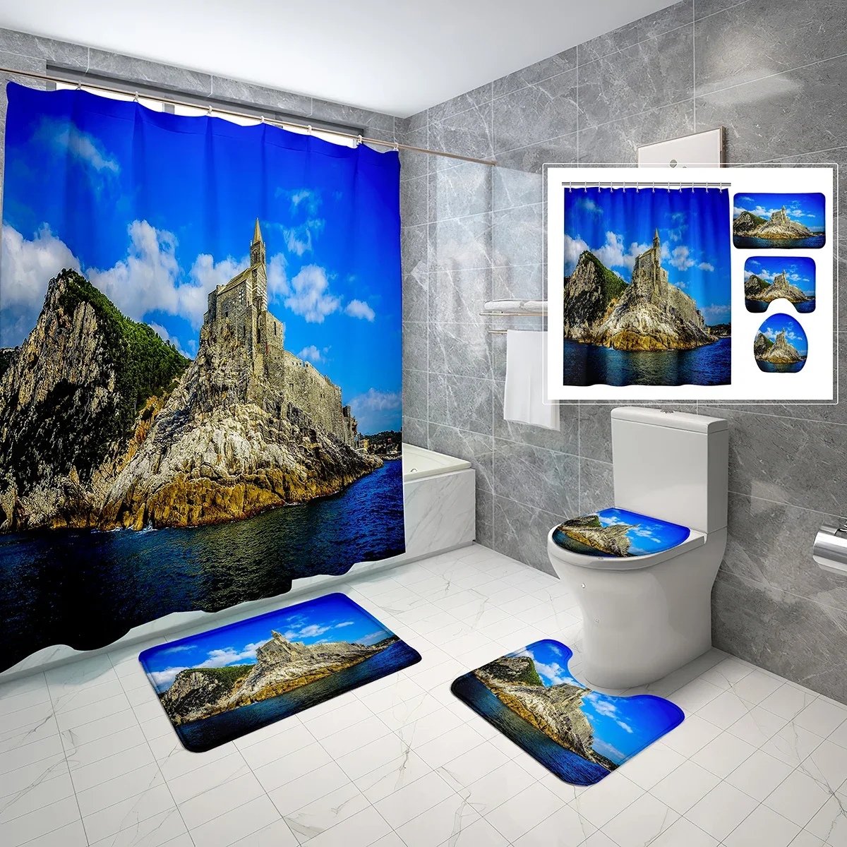 4 Pcs Set Sea Castle Shower Curtain Set with Non-Slip Bath Mat,Toilet Lid Cover and Beach Architecture Style Shower Curtain Sets