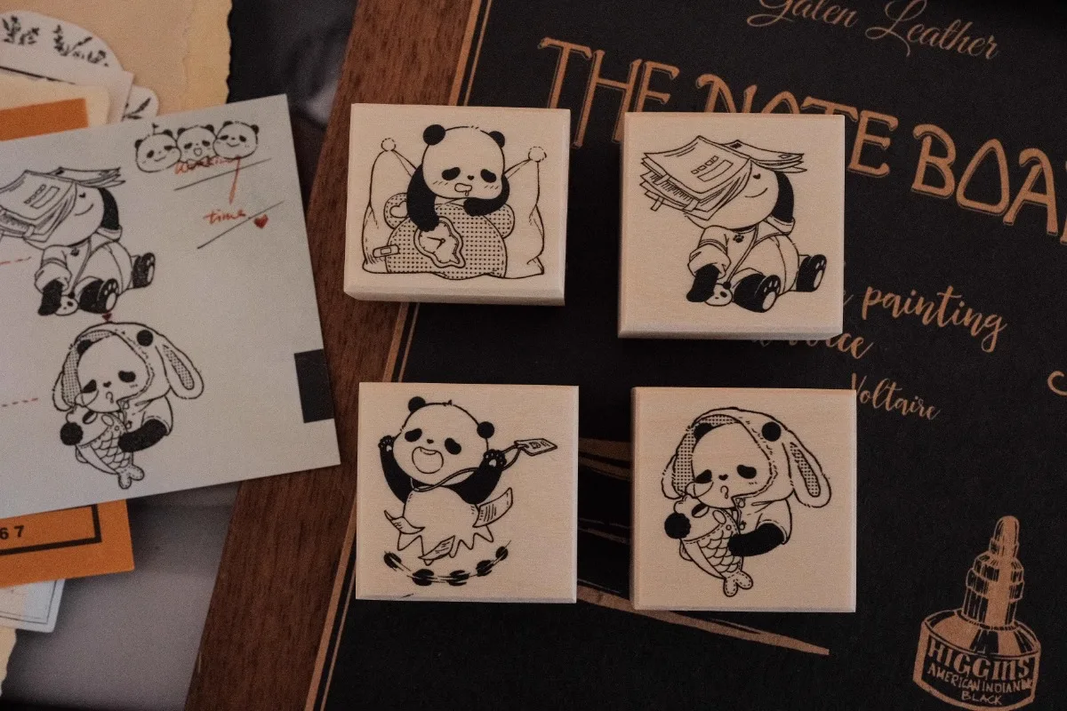 Juego de sellos de goma de madera para álbum de fotos, sello de madera para álbum de recortes, fabricación de tarjetas, juego de Panda encantador, sueño, vida diaria