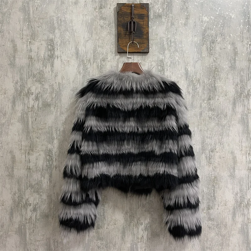 2023 New Stripe Natural Fox Fur Coat Women's Winter Short Contrast Color Light Luxury and Thin O-Neck Real Fur Overcoat