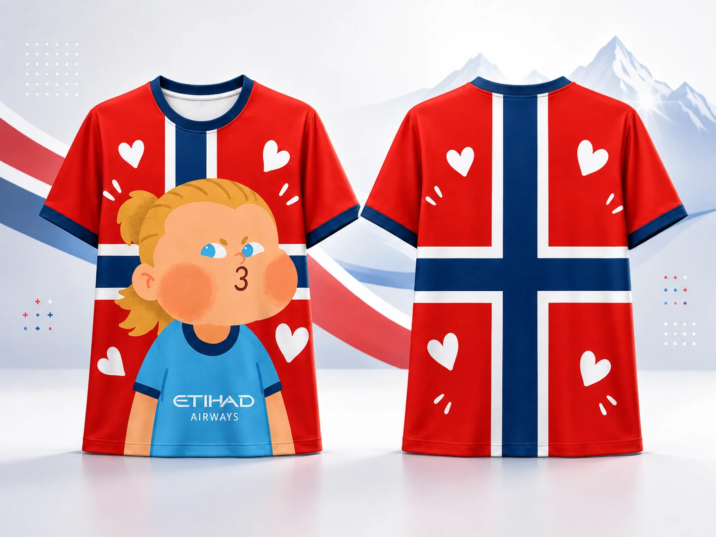 Men Unisex Cartoon Haaland Graphic T‑Shirt, Norway Flag Heart Element Crew Neck Short Sleeve Tee, Casual Streetwear Loose Fit Da