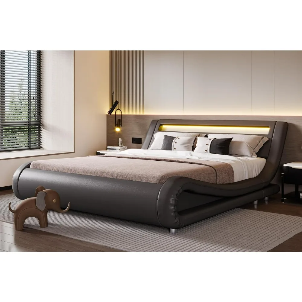 LED Queen Bed Frame with Adjustable Headboard, Low Profile Sleigh Design, Strong Wood Slats Support and Mattress Foundation, Bed