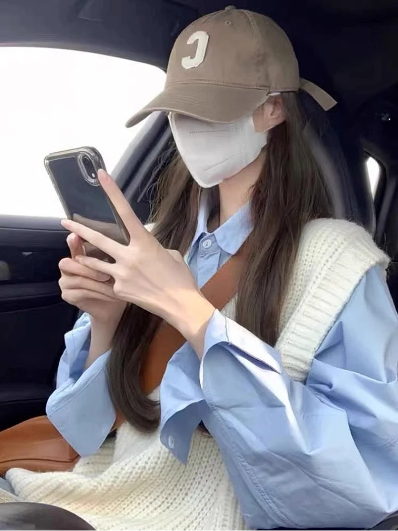 

Синий комплект из двух предметов: рубашка и жилет, женский модный весенний новый дизайн с эффектом многослойности, топ и брюки с высокой талией и широкими штанинами.