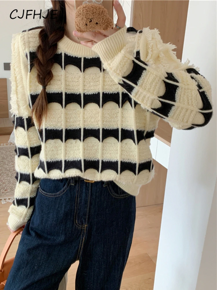 

CJFHJE Women's Korean Lazy Style Colored Striped Sweater Autumn Winter Korean Casual Chic Retro Women Long Sleeve Knitted Top