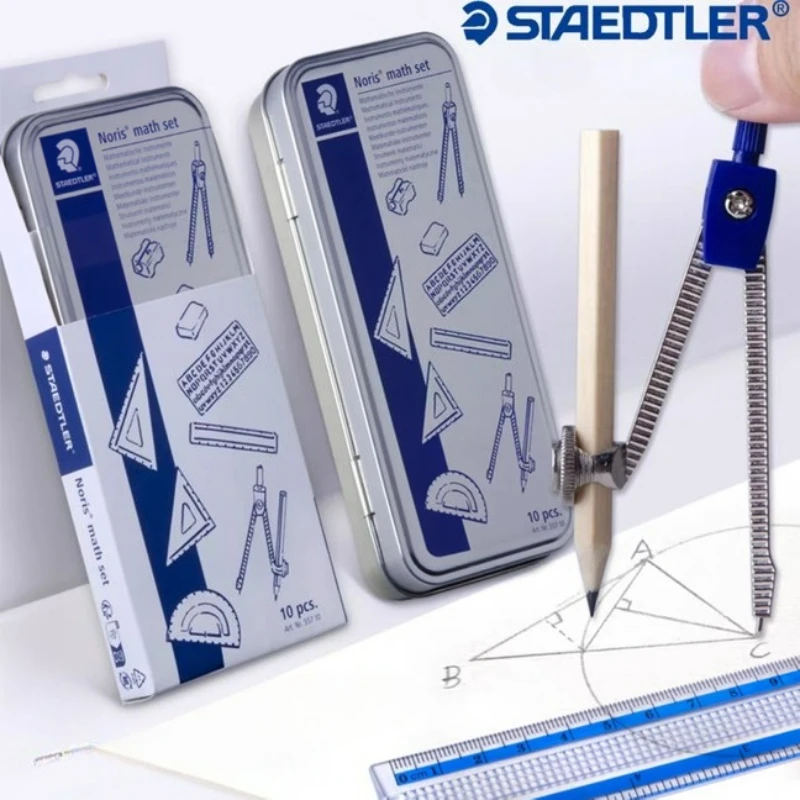STAEDTLER 10-Piece Multi-Functional Professional Drawing Set for Students' Exams Protractor Ruler Compass Metal Iron Box