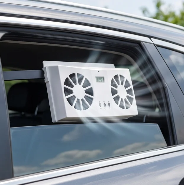 Solar Powered Car Window Exhaust Fan Dual Fan Ventilation 4500 RPM ABS with Digital Thermometer for Parked Car Summer Cooling